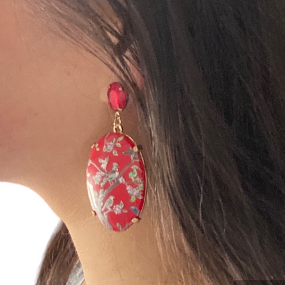 RED DROP EARRINGS SHOWING BIRDS AND FLOWER THEME